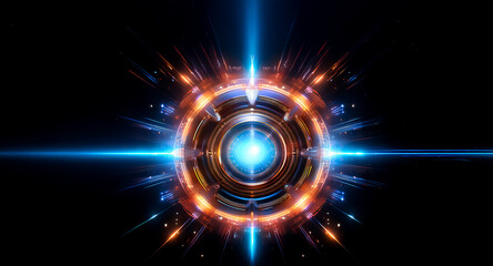 Poster - A radiant blue center explodes outwards with orange and gold light rays. Abstract energy bursts from a circular core against a black backdrop.