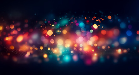 Fototapete - Blurred colorful lights create a festive, vibrant bokeh effect against a dark backdrop.  The defocused circles of light evoke a celebratory, magical atmosphere.