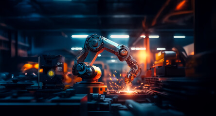 Aufkleber - Automated robotic arm welds metal in a dark industrial factory, bright sparks flying illuminate the scene.