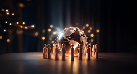Aufkleber - Wooden figures encircle a glowing globe, symbolizing global connection and unity. Soft bokeh lights in the background create a warm, inviting atmosphere.