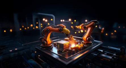 Aufkleber - Two robotic arms expertly perform assembly in a dim industrial setting, illuminated by bokeh lights, showcasing precision automation technology.