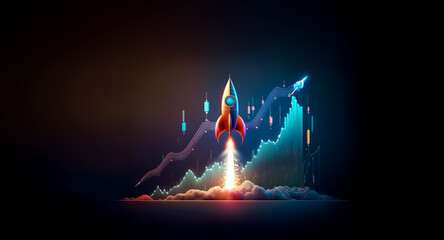 Poster - A vibrant rocket launches upwards, symbolizing growth and progress. Bright neon lights illuminate the spacecraft and upward trending graphs against a dark background, suggesting success and financial 