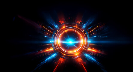 Aufkleber - Abstract glowing circular shape with radiating beams of blue and orange light on a dark background. Futuristic and energetic design.