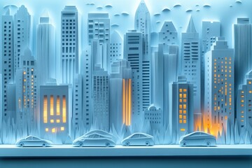 Fototapete - Layered paper art showcases a modern city skyline with illuminated windows and minimalist cars on a serene street at night