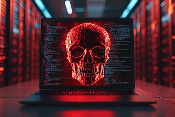 Red skull cybersecurity threat on laptop screen in server room.