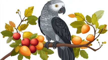 Wall Mural - lifestyle wildlife image of grey parrot on a tree branch eating fruit in the jungle representing exo
