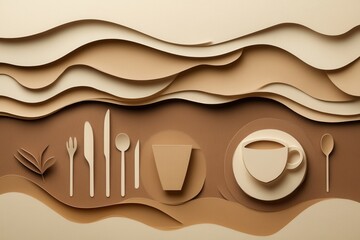 Poster - Cozy and inviting paper art background with layered silhouettes of coffee cups, plates, and utensils in warm tones Generative AI