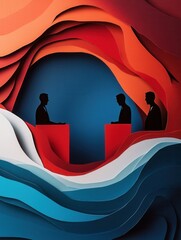 Poster - Bold political debate as two figures engage at podiums with dynamic paper art background Generative AI