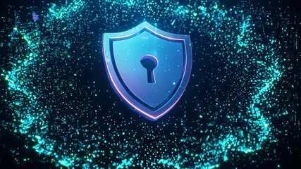 Cyber security shield with keyhole, digital data protection motion picture. Abstract glowing particles around the security guard footage. Blue background, security concept.