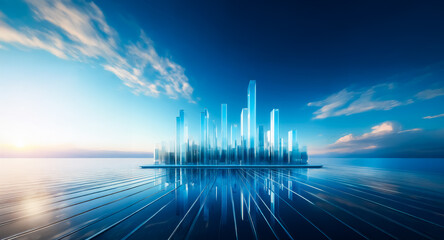 Poster - Abstract city skyline with futuristic tall structures rising from water under a blue sky. Light rays create an abstract background.