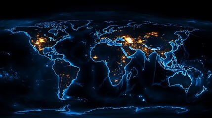 Glowing World Map Highlighting Global Connectivity, A glowing world map highlighting major cities with bright lights