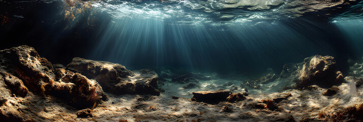 Wall Mural - the beauty of sunlight streaming through the water's surface wide banner - black background