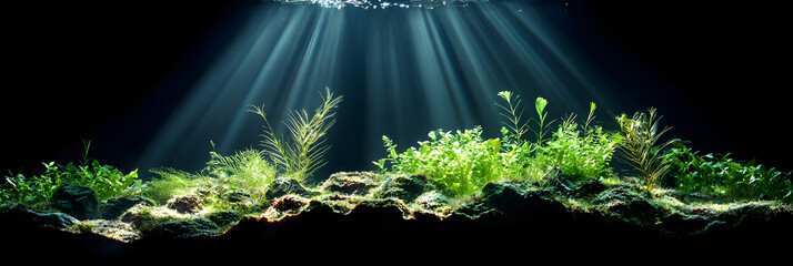 Wall Mural - the beauty of sunlight streaming through the water's surface wide banner - black background