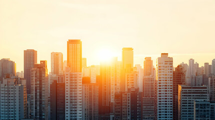  City Skyline Illuminated By Warm Golden Sunset Light with Tall Buildings Silhouetted Against the Horizon