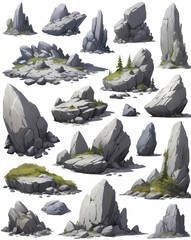 Leinwandbilder - a collection of various gray rock formation with grass growing on some, showcasing different sizes and shapes. This image captures the natural beauty and geological diversity of stone