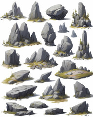 Leinwandbilder - collection of different sized and shaped rocks. Some have small patches of grass and moss growing around them.
