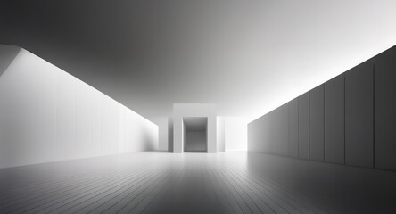 Poster - Minimalist white corridor with bright light at the end, creating depth and perspective in this clean, modern architectural space.