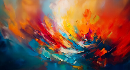 Poster - Vibrant abstract painting featuring a dynamic blend of warm and cool colors. Bold brushstrokes create a sense of movement and energy in this colorful artwork.