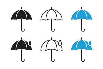 Wall Mural - Umbrella vector icons set in black, outline and blue variations with raindrop on white background.