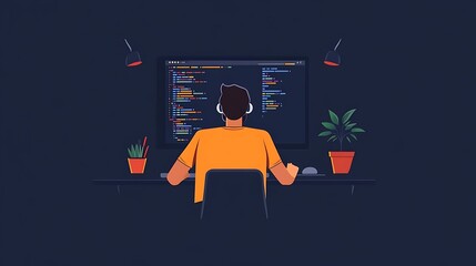 Programmer coding at night.