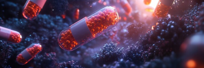 Poster - Surreal medical landscape filled with vibrant pill structures illuminated by dreamlike lighting Generative AI