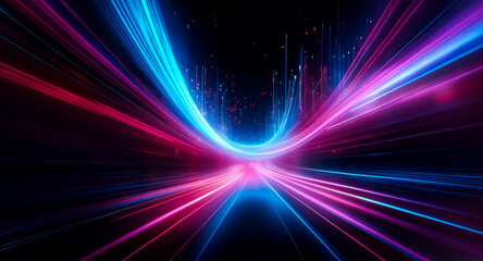 Poster - Vibrant light streaks in blue and pink hues converge and diverge on a dark backdrop, creating a dynamic abstract design with a sense of speed and energy.