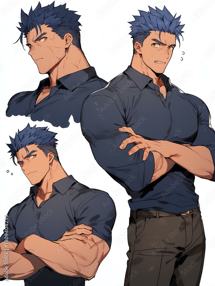 Muscular Man with Spiked Blue Hair Character Sheet Stock Illustration ...