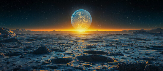 Wall Mural - A view of Earth rising over the moon, with expansive craters and a vivid horizon under starry sky