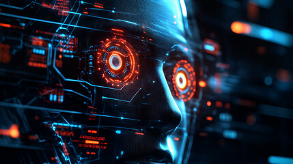 Wall Mural - Futuristic ai interface with digital holographic display and cybernetic elements in neon blue and orange