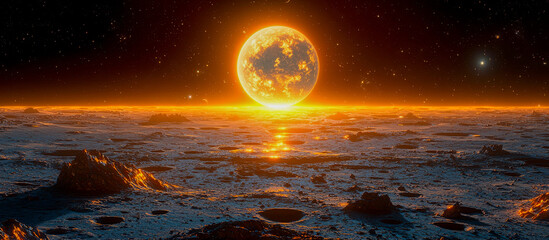 Wall Mural - Earth rises over the glowing horizon of the moon, casting warmth across a cratered, starlit landscape