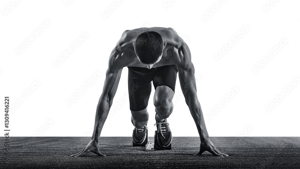 Standing Game Sprinter Young man, jogger, sprinter standing on start line, ready and focused ...