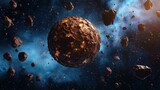 A giant chocolate planet floating in space, surrounded by cocoa asteroids, fantasy theme