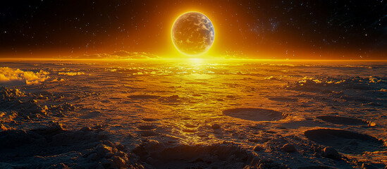 Wall Mural - A bright sun setting on a cratered landscape