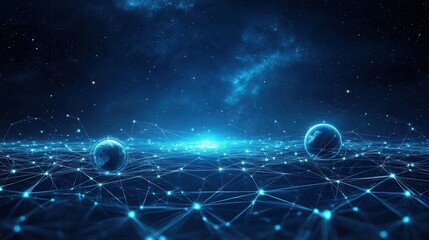 Poster - Dreamy cosmic landscape featuring interconnected planets and glowing symbols within a deep blue nebula