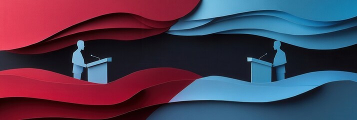 Poster - Bold paper art capturing the energy of a political debate with layered silhouettes and abstract design elements Generative AI