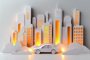 Poster - Layered paper art display featuring a modern city skyline with illuminated windows and minimalist cars enhancing urban aesthetics