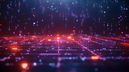 Abstract Digital Grid with Glowing Lines and Red and Blue Lights