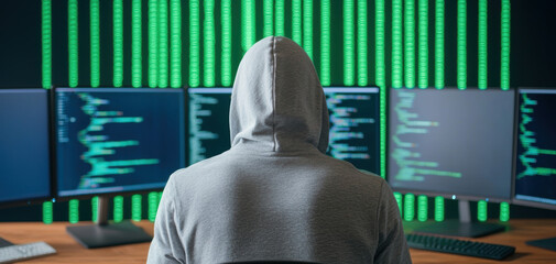 Hooded figure sitting in front of multiple monitors displaying code and data. green matrix like background creates tech savvy atmosphere, suggesting hacker or programmer at work