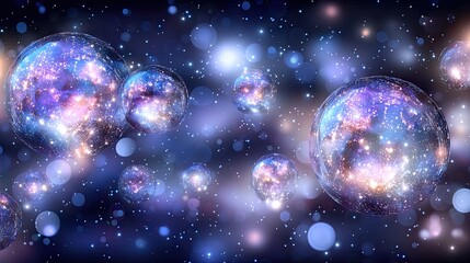 Wall Mural - multiverse bubbles float in cosmic space; background bokeh; science fiction art