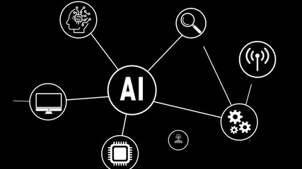 AI Network Concept with Connected Technology Icons Abstract AI network diagram interconnected technology icons on black background, representing artificial intelligence, automation digital innovation