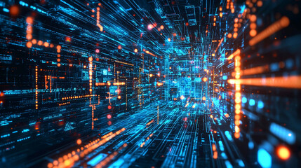 Abstract digital data stream tunnel futuristic technology background image 3d code blue cyber lines