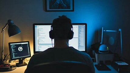 Focused programmer working late at night coding software with multiple screens setup