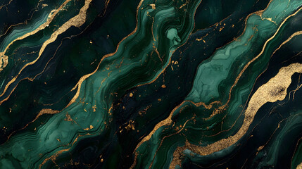 Fototapete - Mesmerizing Abstract Emerald and Gold Swirling Marble Texture  Luxurious modern background with fluid organic patterns dynamic waves and shimmering metallic accents