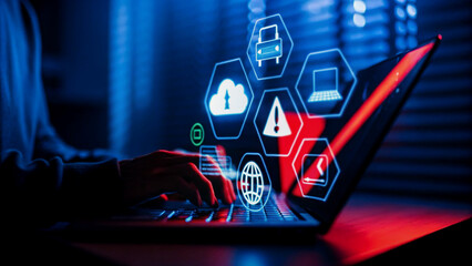 digital technology and business concepts on a screen with data, code, and media elements