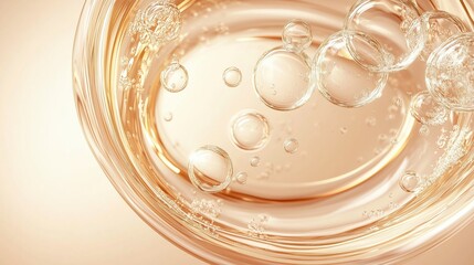 Aufkleber - Elegant abstract background featuring golden bubbles suspended in liquid within a circular glass plate. Soft light beige gradient creates a luxurious and refined atmosphere, ideal for cosmetic product