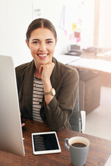 Aufkleber - Portrait, computer and woman with smile, office and graphic designer with tech for project or confident. Happy, employee and creative for web design in business, coffee and person with inspiration
