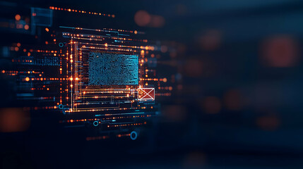 Abstract Digital Data Flow Visualization With Bright Pixelated Interface on Dark Blue Background