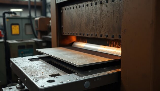Metal sheet forming process in industrial workshop manufacturing environment close-up view of machinery