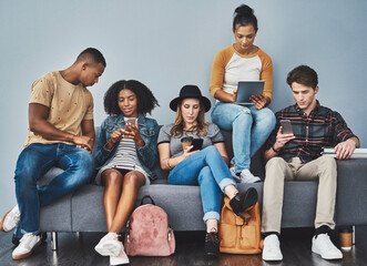 Aufkleber - Browsing, smartphone and group with tech, online and creative communication on break, students or tablet. Studio, gen z and people with social media, digital or friends with app for texting or relax