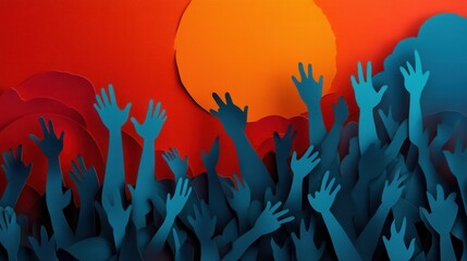 Leinwandbilder - Powerful paper art background showcasing a crowd with raised hands in an inspiring setting Generative AI